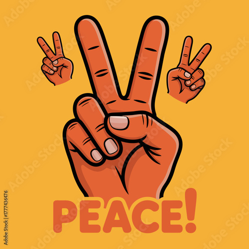 This image features multiple hands displaying peace signs against a bright orange background, symbolizing harmony and positive vibes with an artistic flair and bold colors.