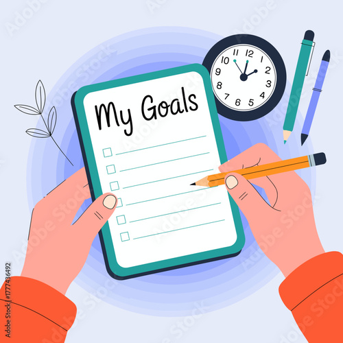 This minimalistic image features a checklist goals notepad held in hands, accompanied by a clock and pens, symbolizing organization and personal growth objectives.