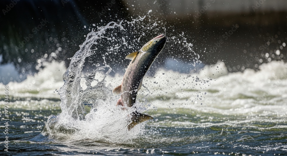 Obraz premium Salmon Fish Leaping Water in River for Fishing Adventures, Conservation Awareness, Wildlife Protection, Nature Photography, and Aquatic Life Blogs