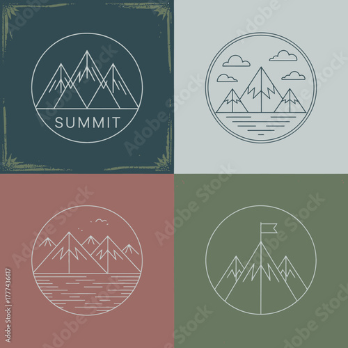 This image features a collection of four mountain-themed logos, each representing peaks, lakes, and the adventurous spirit of outdoor exploration in different styles.