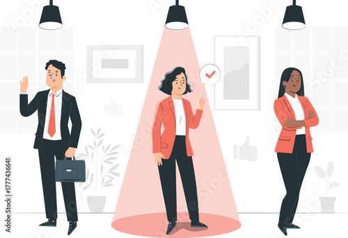 Business people in an interview with a spotlight on one candidate selection