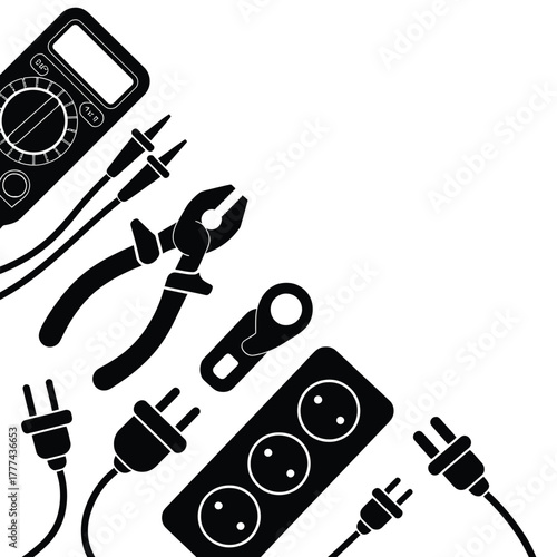 Electrical tools and outlets with plugs on white background