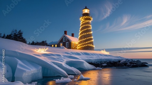 Winter lighthouse on icy Maine coast illuminated by warm golden holiday lights that wrap around its towering structure, surrounded by deep snowdrifts that gently slope upwards, and set against a calm 