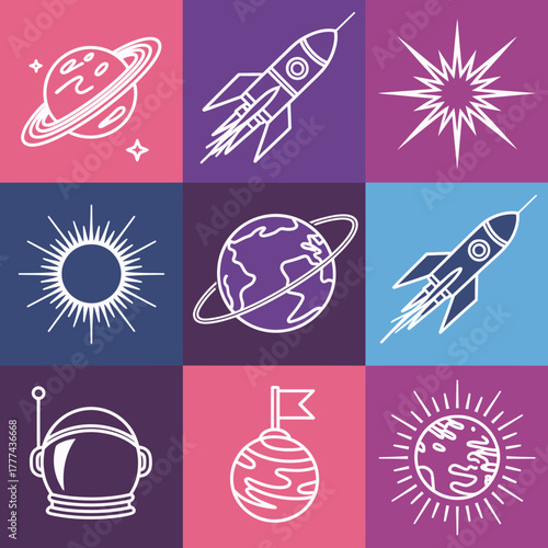 This image depicts a visually striking collection of space-themed icons, including rockets, planets, bursts, and celestial elements in a vibrant grid layout.