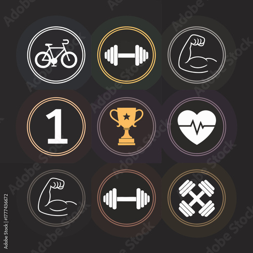 This image features a collection of fitness-related icons, showcasing various elements like cycling, strength, and health trophies, representing active lifestyles.