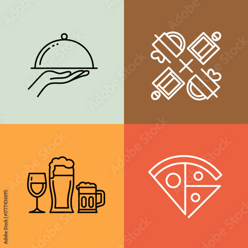 This minimalist design showcases icons representing dining and beverages, including a cloche and various drinks, capturing the essence of social dining and enjoyment tastefully.
