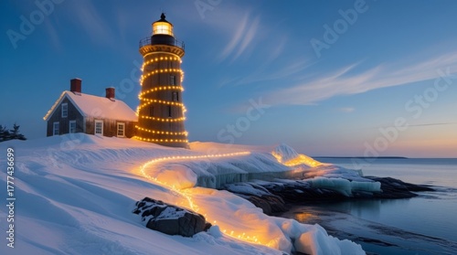 Winter lighthouse on icy Maine coast illuminated by warm golden holiday lights that wrap around its towering structure, surrounded by deep snowdrifts that gently slope upwards, and set against a calm 