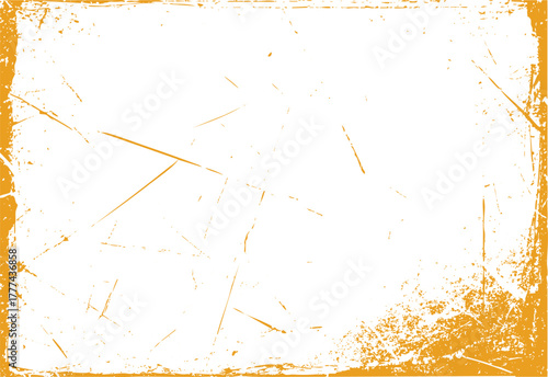Orange distressed grunge border frame with scratches and speckles on white background texture