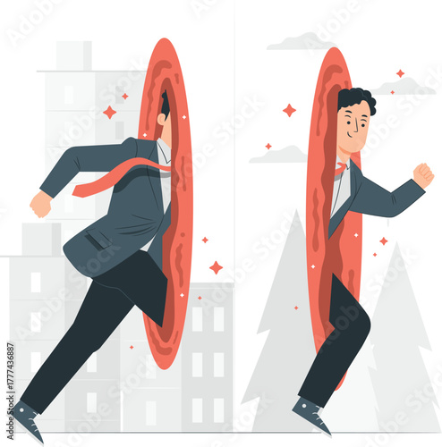 Businessman enters portal from city to nature suit