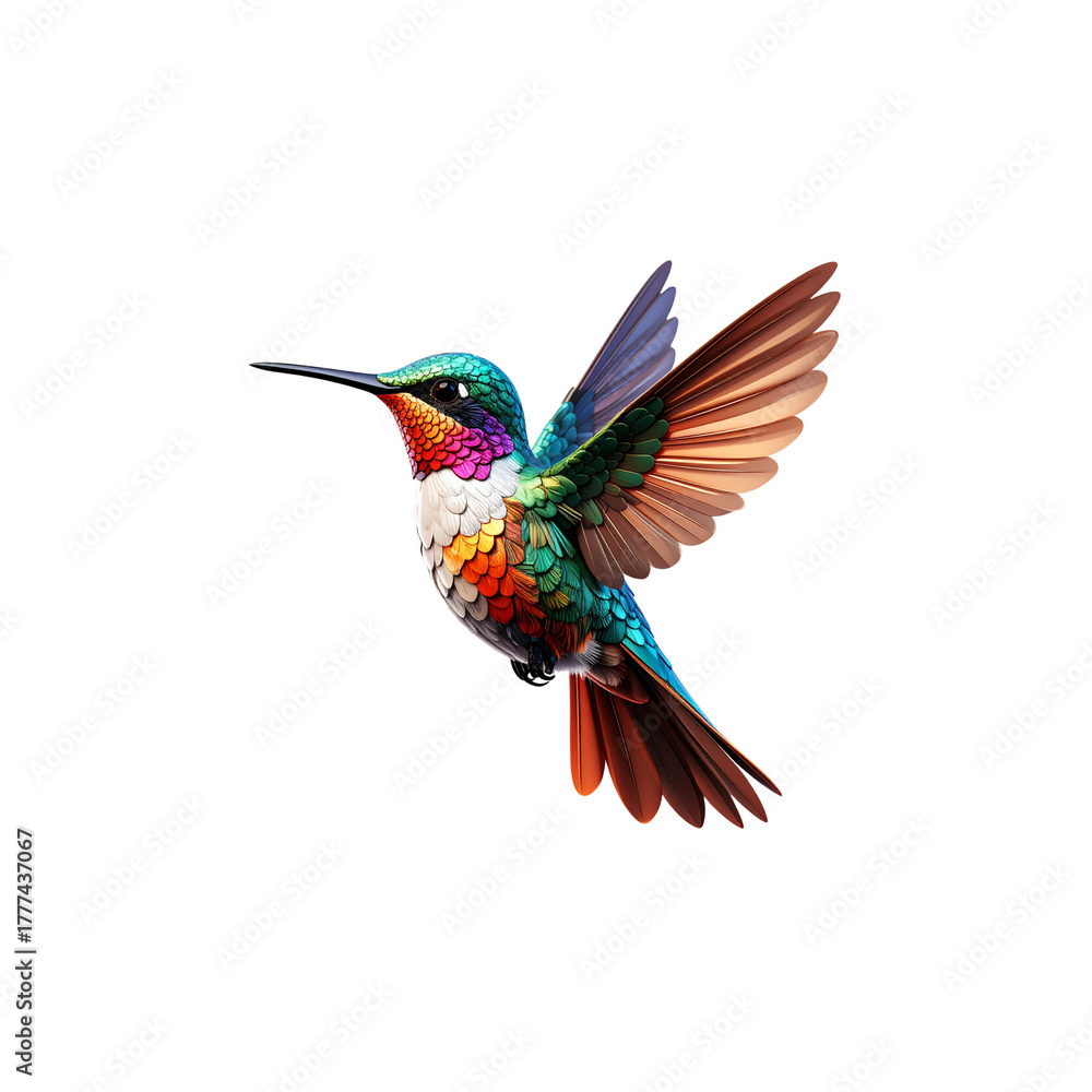 Fototapeta premium Small green hummingbird flying on white background