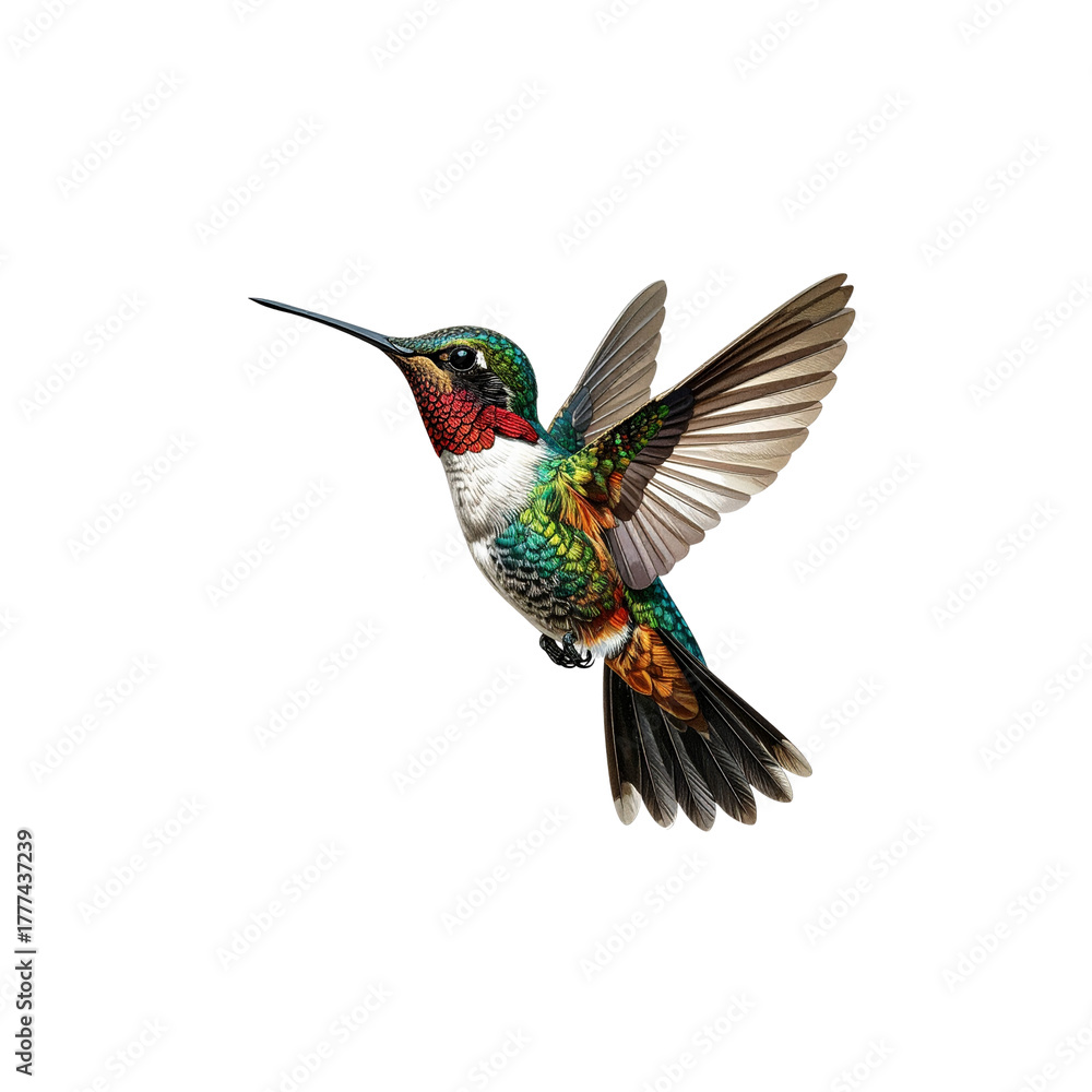 Fototapeta premium Small green hummingbird flying on white background