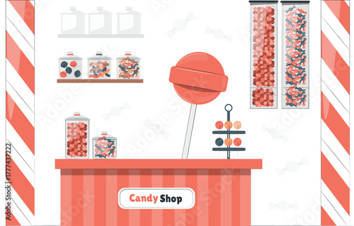 Candy shop counter with jars of candy and a large lollipop sweets confectionery