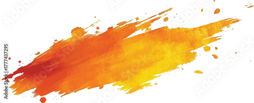 Vibrant orange and yellow watercolor brush stroke with paint splatters on white background vector