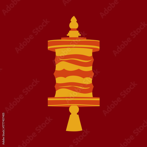Stylized illustration of a decorative cylindrical object on a red backdrop