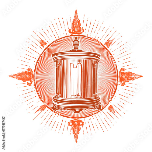 Intricate orange illustration of a classical urn surrounded by radial sunburst