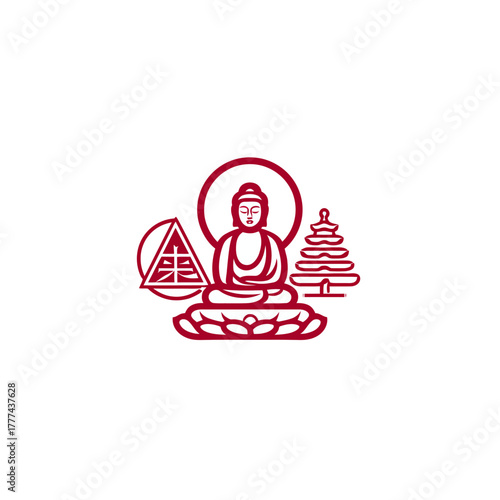 Meditating buddha illustration spiritual symbol in red on white background