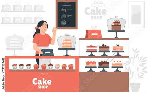 Cheerful woman working in a cake shop with display cases of cakes bakery shopkeeper