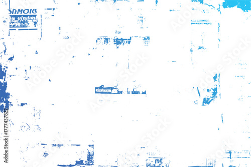 Abstract blue and white distressed textured background with fragmented text and piano keys vector