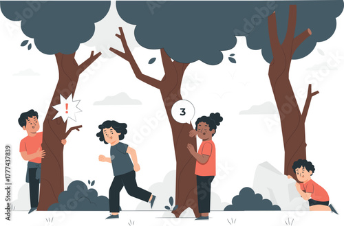 Children playing hide and seek among trees with numbers and exclamation marks kids game