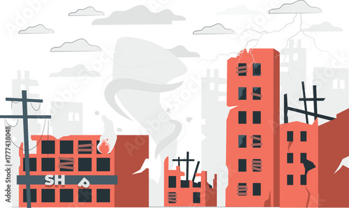 Cityscape devastated by natural disaster with tornado and fire destruction devastation