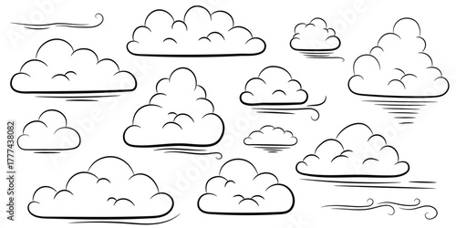 Doodle Cloud Set — Hand Drawn Sky Elements on White Background for Weather and Dreamy Designs
