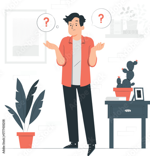 Confused Man with Question Marks in Room doubt uncertainty