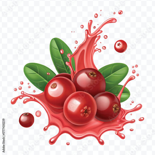 realistic cranberry  fruits with red liquid juice splash in different style isolated on transparent background