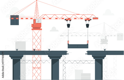 Construction cranes building a bridge over water industrial