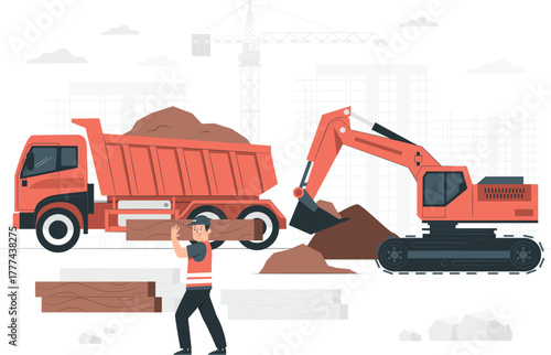 Construction Site with Dump Truck and Excavator vector illustration