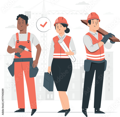Construction Team with Tools and Plans worker