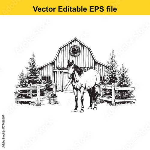 Horse standing in front of a barn with trees and fences