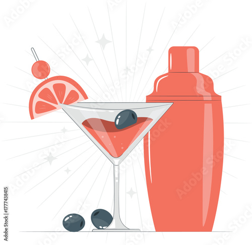 Coral Martini Cocktail Shaker and Glass with Grapefruit and Olives vector illustration