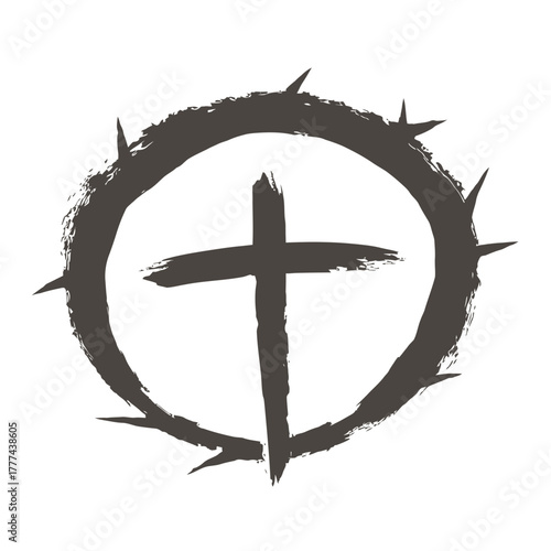 Symbol of cross with thorn circle religious imagery on white background