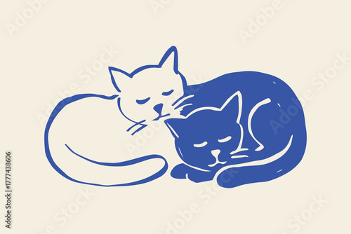 Sleeping cats cuddling, hand-drawn sketch vector
