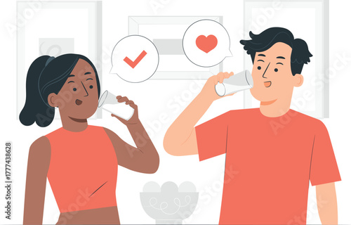 Couple drinking from bottles with check mark and heart icons beverage water