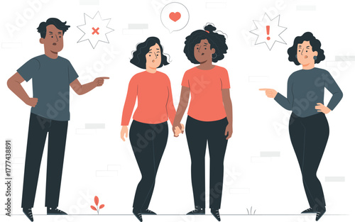 Couple facing judgment from others with speech bubbles relationship disapproval