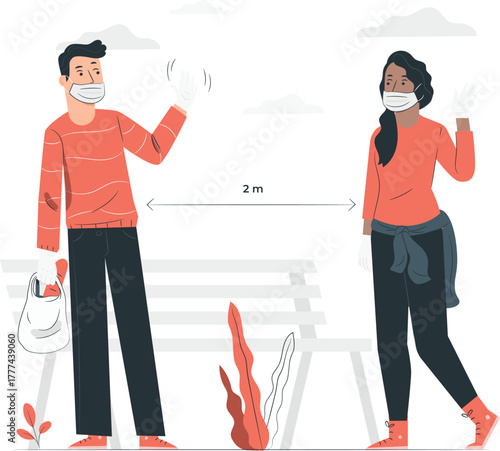 Couple Maintaining Social Distance Outdoors with Face Masks people woman