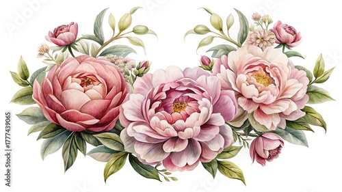 Fototapeta Naklejka Na Ścianę i Meble -  Watercolor pink peony floral arrangement with green leaves art