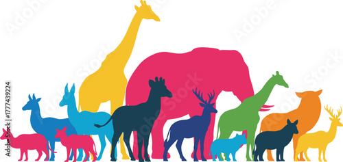 Colorful animal silhouettes including giraffe, elephant, deer, and antelope arranged together on white background for educational design use