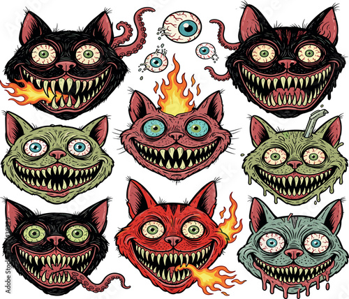 Creepy Monster Cat Heads Vector Set - Vintage Horror Tattoo Style Illustration with Zombie Eyes and Fangs