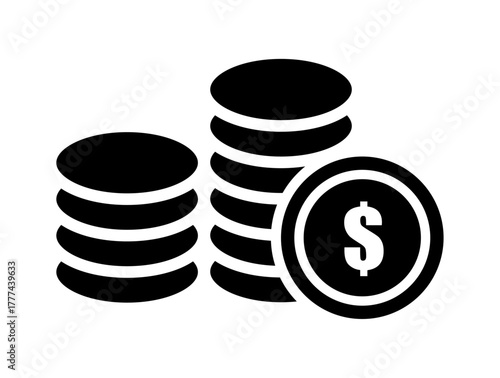 Dollar coins vector icon: simple money piles symbol for saving, investment, banking, business finance, and cash payment