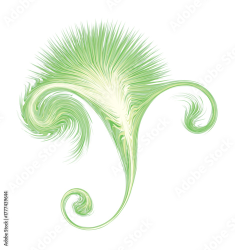 Bright circle fantasy midpoint feather drawing shape design. Big fuzzy magic sphere form effect in modern artist cartoon creative line style. Lime color motley power boom ball symbol on fond for text