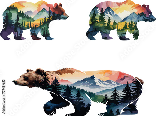 Double Exposure Bear Silhouette Vector - Watercolor Forest and Mountain Landscape Nature Illustration