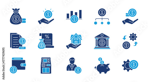 Personal finance thin flat blue icon set. Containing budget, savings, investment, expense, income, tax, loan, mortgage, bank, money management. Vector illustration