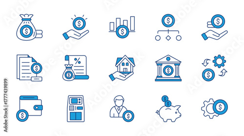 Personal finance thin blue icon set. Containing budget, savings, investment, expense, income, tax, loan, mortgage, bank, money management. Vector illustration