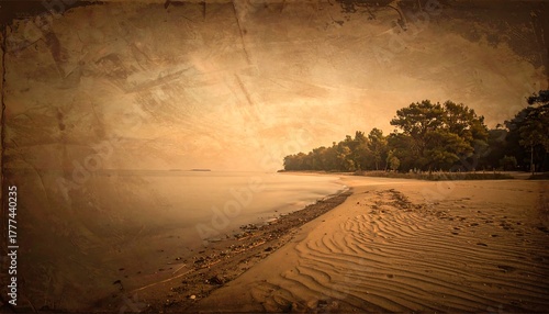 Fototapeta Naklejka Na Ścianę i Meble -  Vintage Beach Scene with Trees and Sand Dunes.