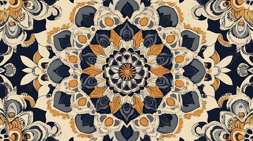 Artist creates stunning mandala artwork with blending navy cream and gold tones for showcasing intricate symmetrical patterns design aesthetic visual concept