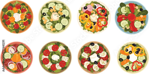 Healthy vegetable salad bowls collection with fresh ingredients, colorful vegetarian food, nutritious meal, organic diet, vegan lunch, vector illustration set