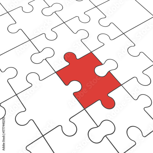A close-up 3D illustration of interlocking white puzzle pieces with one red puzzle piece standing out among them. The red piece contrasts sharply against the smooth white background.