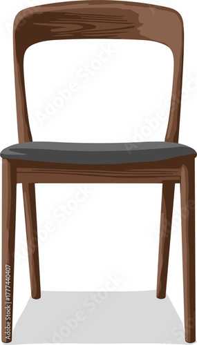 Minimalist wooden chair with curved backrest and dark cushioned seat, front view furniture illustration for interior design concepts